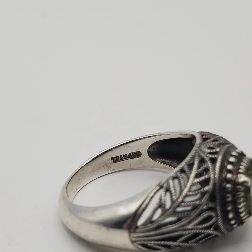 Vintage Designer 925 Sterling Silver Peridot Filigree Deco Band Ring Size 6